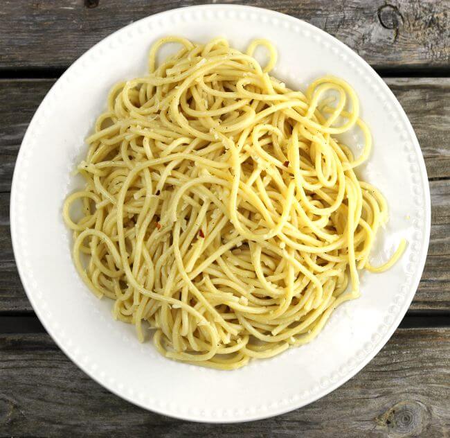 Overhead view of spaghetti noodles. 