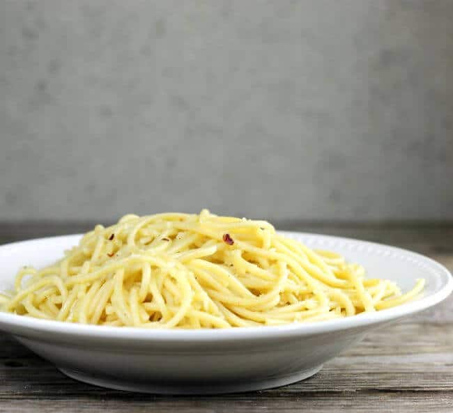 Side view of a bowl of noodles.