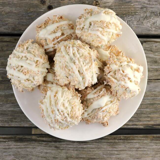 Looking down at a plateful of macaroon cookies.