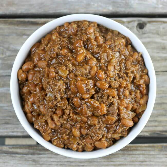 Overhead view of a bowl of beans and beef