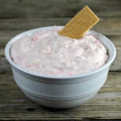 Awhite bowl of cheesecake dip with a graham cracker sticking out of the dip.