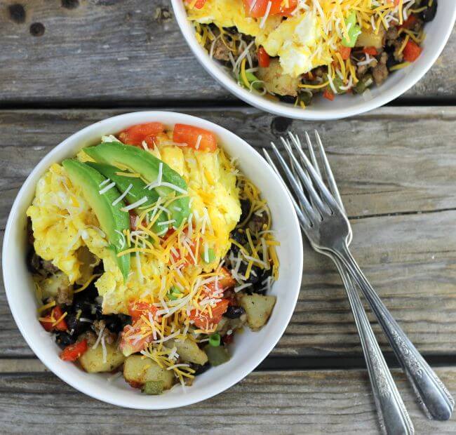 Overhead view of southwest breakfast bowls.