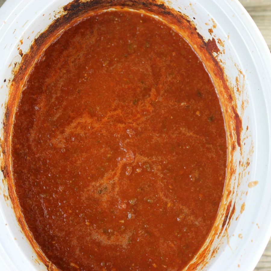 Blended salsa in a slow cooker.