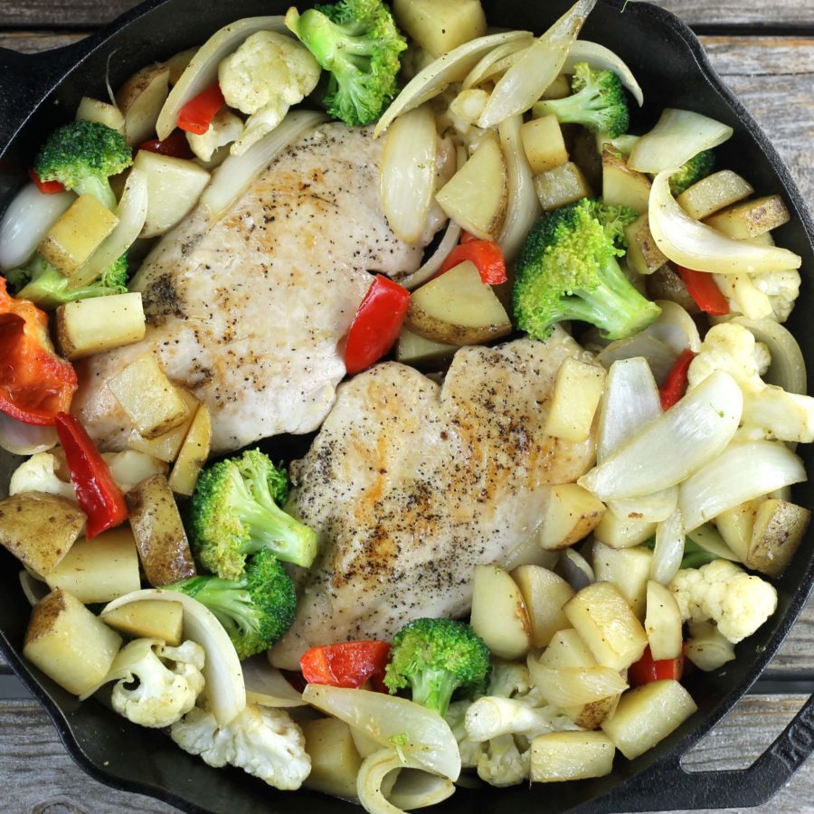 Chicken and veggies in a skillet.