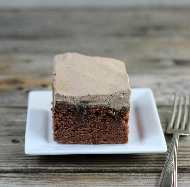 Side angle view of a piece of hot fudge poke cake.