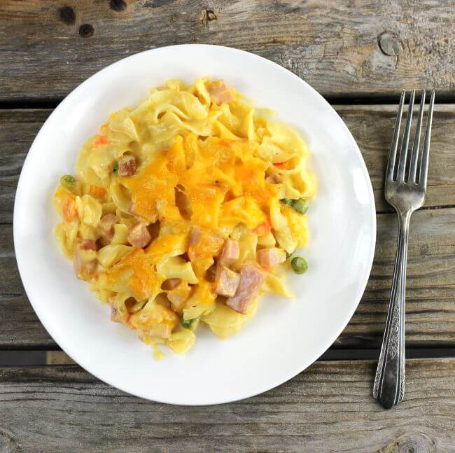 Looking down at a plate of ham and noodle casserole.