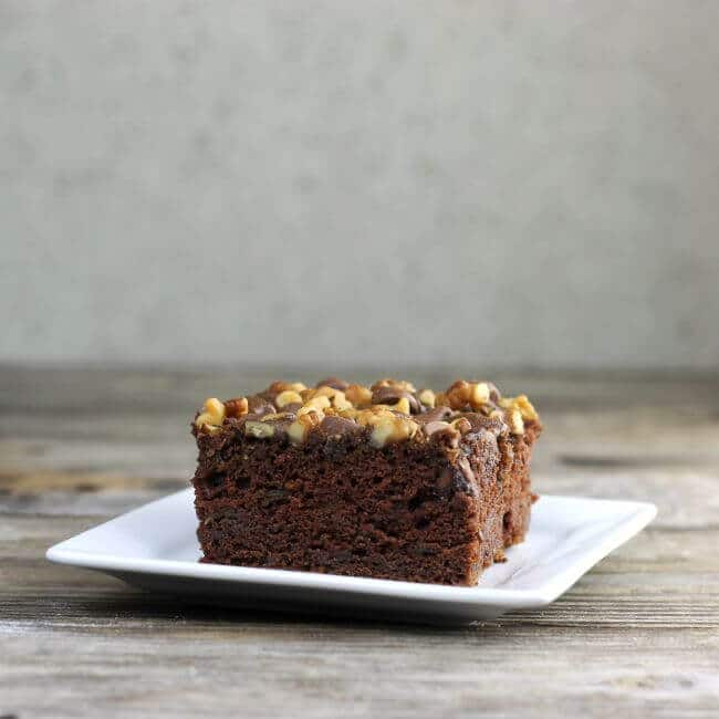 Side view of chocolate zucchini snack cake on a white plate.