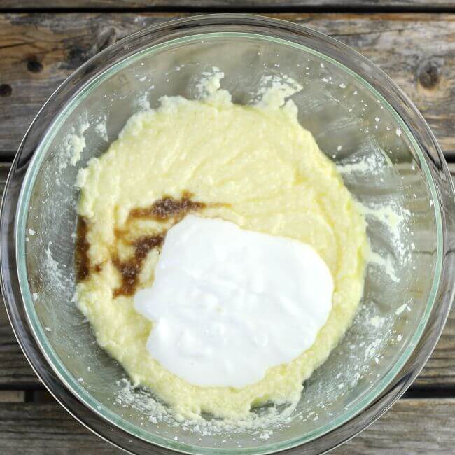 Sour cream and vanilla are added to the cake batter.