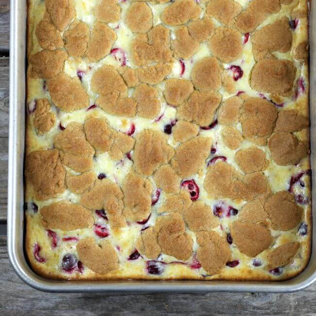 Cranberry bars in a baking pan.
