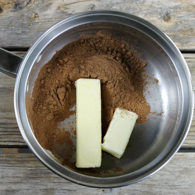 Butter and cocoa in a saucepan.