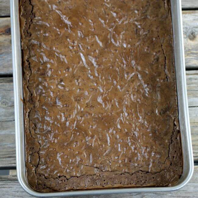 Baked brownies in a baking pan.