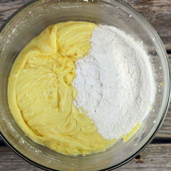 The flour is added to the cake batter.