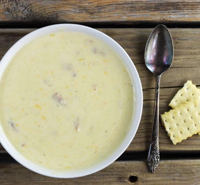 Overlooking a bowl of potato soup.