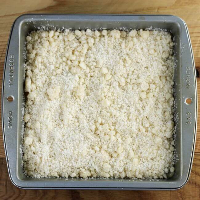 The crumble is added to the top of the batter.