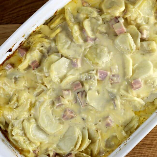 Baded scalloped potatoes in a baking dish.
