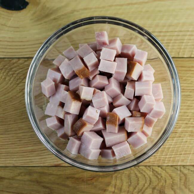 Cubed ham in a bowl.