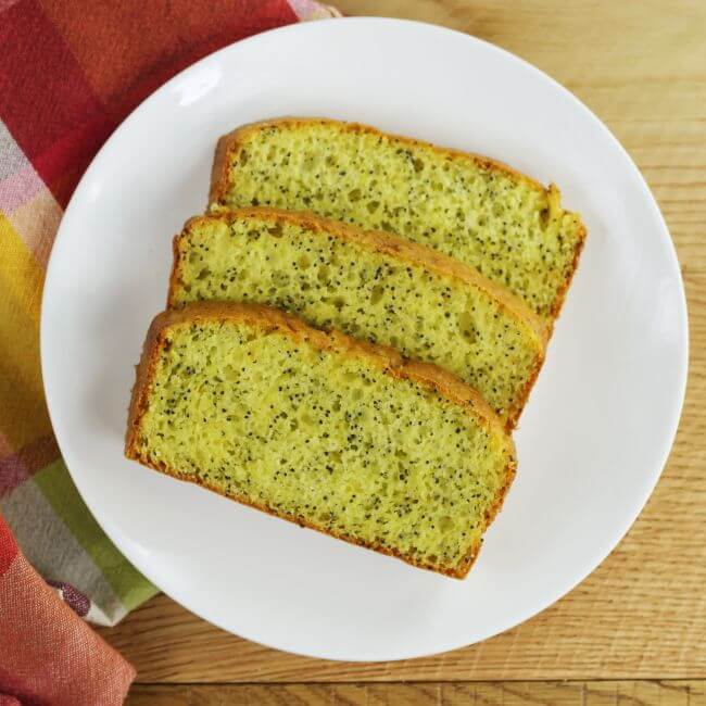 Looking down at plate with slices of lemon bread.