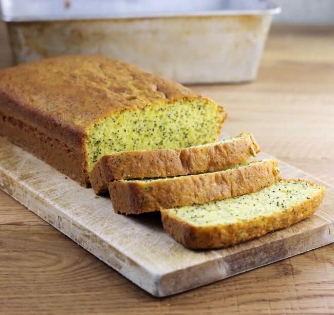 Lemon bread on a cutting board.