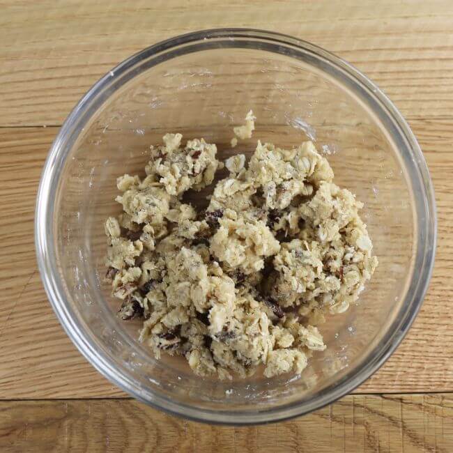 Brown sugar crumble in a glass bowl.