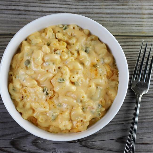 Looking down at a bowl of Jalepeno mac and cheese.