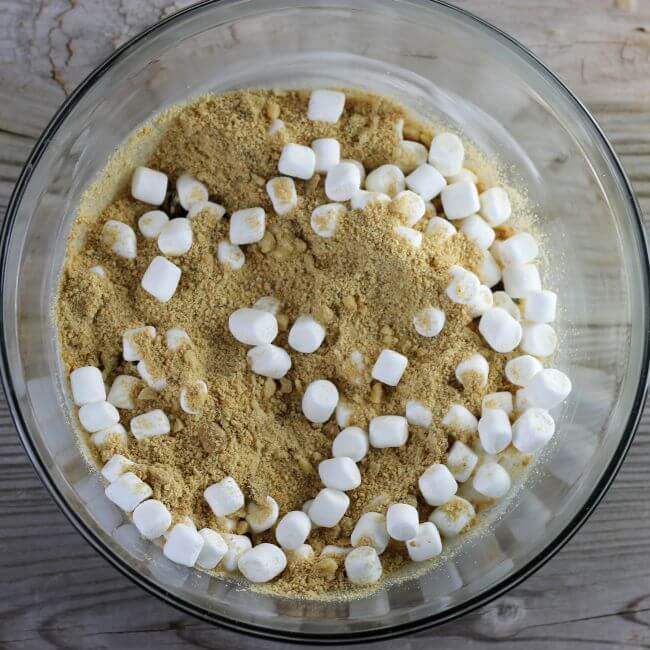 Marshmallow, crushed graham crackers, and nut in a large mixing bowl.