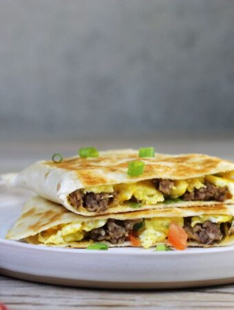 A side view of a quesadila on a off white plate.