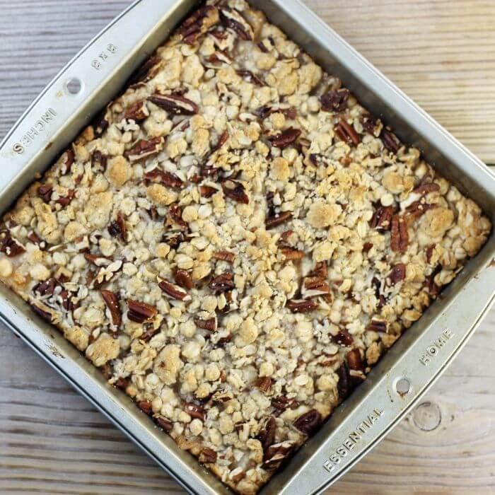 Baked pear bars in a small baking pan.