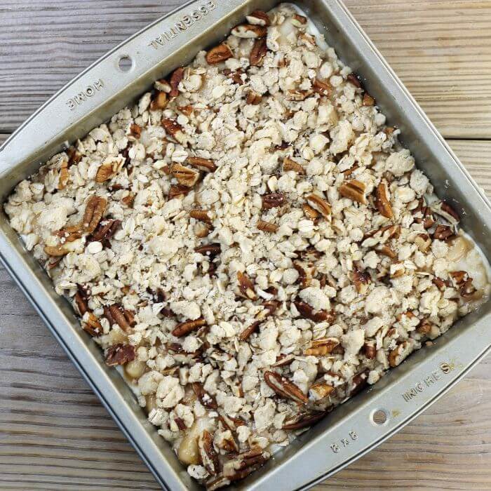 Looking down at a baking pan with unbaked bars.